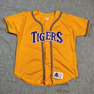 VINTAGE LSU Tigers Sports Belle Jersey Gold Stitched Spell Out Button Down Shirt